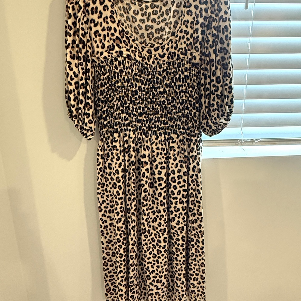 Leopard Print Smocked Midi Dress - Neutral Animal Print